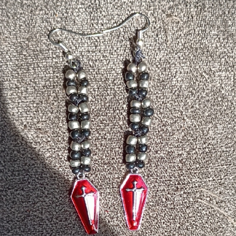 Red and Silver Beaded Earrings